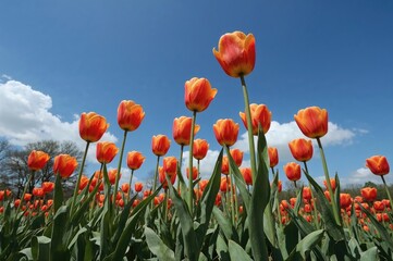 Fototapeta premium Tulips blossoming with a clear sky backdrop, shot from underneath