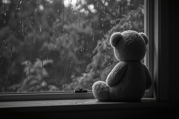 On a rainy afternoon, a lonely teddy bear in grayscale stares out the window, symbolizing the theme of absence on a day dedicated to missing children.