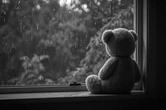 On a rainy afternoon, a lonely teddy bear in grayscale stares out the window, symbolizing the theme of absence on a day dedicated to missing children.