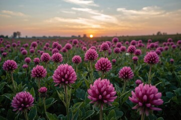 Fototapeta premium Crimson clover blossoms in a meadow during sunset in springtime.