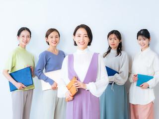 woman, team, unity, gathering, businesswoman, office casual, colorful, fashion, stylish, group, japanese, asian, teamwork, leadership, smile, energetic, partner, friend, colleague, human resources, wo
