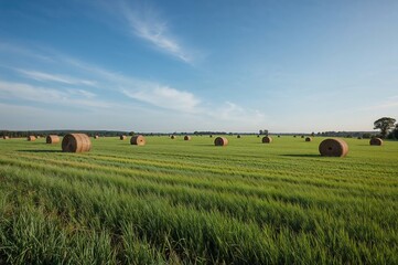 Obraz premium Agricultural land with cylindrical hay bales