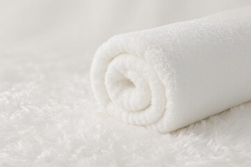 Rolled white towel blanket on a clean white surface. Soft, plush fabric background with a smooth texture. Blurred focus with shallow depth of field and ample copy space.