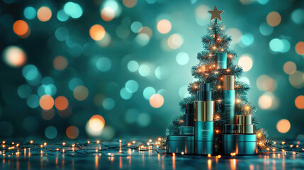 Luxury cosmetic products forming a christmas tree shape with lights and bokeh effect on a dark wooden floor, perfect for christmas advertising campaigns