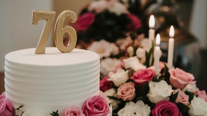 Close-up of a white cake adorned with pink blossoms and lit candles for a 76th birthday celebration