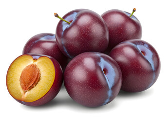 Fototapeta premium Delicious and Fresh Plums in a Group with a Slice Displaying the Inner Flesh and Seed, Perfect for a Healthy Snack or Dessert, Isolated on White.