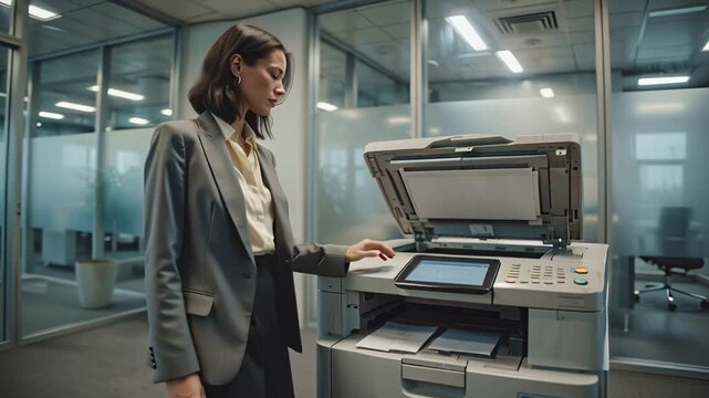 Young businesswoman in formal outfit using office photocopier in glass-walled workplace, businesswoman using photocopier