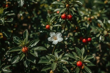 A bright garden scene featuring a single white blossom flourishing in the warm summer sun, its petals contrasting with the lush green foliage nearby.