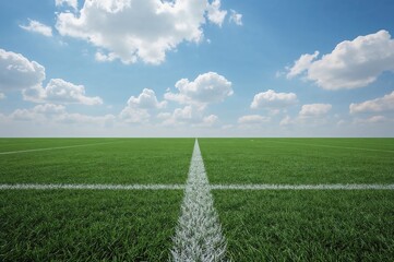 Soccer pitch under a clear blue sky with scattered clouds