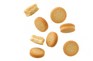 Butter cookies and sponge cakes tumbling on white backdrop