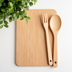 Wooden cutting board spoon fork kitchen utensils bamboo eco friendly cooking tools plant