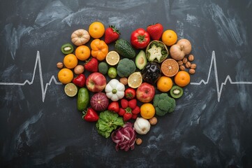 Nutritious meals depicted with heart and ECG line on blackboard, medical theme