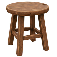 Rustic wooden round stool with four legs, a simple and natural furniture piece for various uses, isolated on transparent background