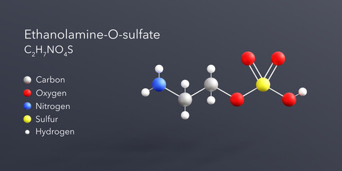ethanolamine-o-sulfate molecule 3d rendering, flat molecular structure with chemical formula and atoms color coding