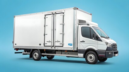 White Delivery Truck with Refrigeration Unit on Blue Background