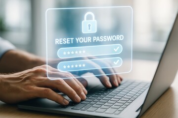 Password Reset: A close-up shot of a person's hands typing on a laptop with a visual prompt to reset a password, conveying the importance of digital security in a modern age.