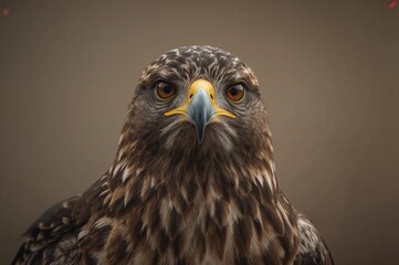 Fototapeta premium Close-up of an eagle with sharp beak and deep brown eyes against a dark backdrop