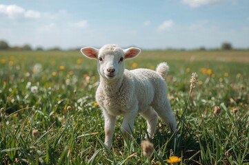 Obraz premium Joyful lamb frolicking in a grassy meadow during springtime