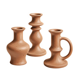 A collection of three terracotta pottery pieces including a vase, a jug, and a candlestick holder, isolated on a transparent background, showcasing organic shapes and minimalist design
