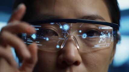 Businesswoman with AR glasses designing a holographic AI agent interface. Technology, future, innovation concept. - Powered by Adobe
