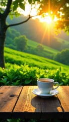 Wooden table in lush tea plantation, morning sun , blurred background, tea plantation, top view