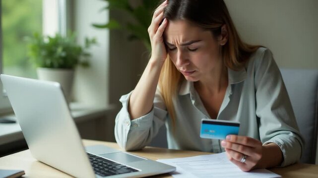 A woman sitting at her desk, holding a credit card statement and reviewing it on her laptop