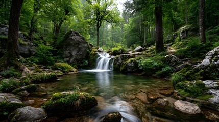 Breathtaking long-exposure of a cascading waterfall in a lush, green forest. The silky smooth water flows over moss-covered rocks under golden sunlight.