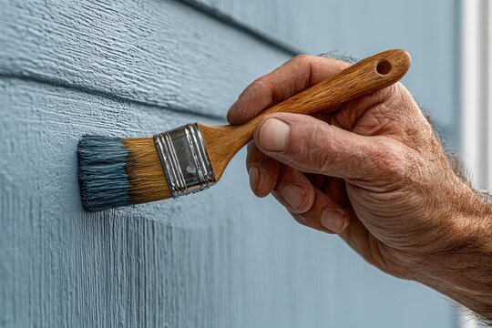 Close-up of a hand painting blue wood siding with a brown handled paintbrush. Use for DIY home improvement, construction and handyman service concepts.