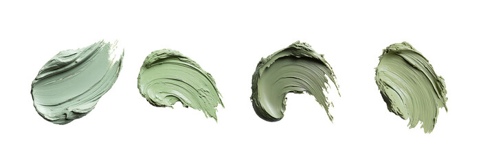 Matte green clay mask smear, isolated on a pure white background under studio lighting, highly detailed and photorealistic. Clean edges with a subtle soft shadow, no text or logos, optimized for easy 