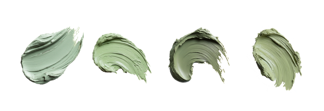 Matte green clay mask smear, isolated on a pure white background under studio lighting, highly detailed and photorealistic. Clean edges with a subtle soft shadow, no text or logos, optimized for easy 