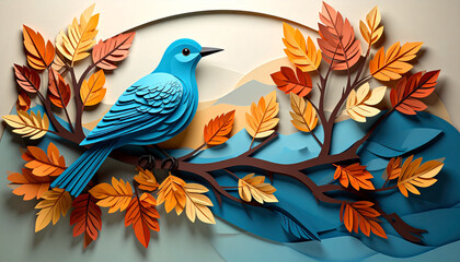 Fototapeta premium Stylized paper cut illustration of origami bird on autumn branch with golden fall leaves 