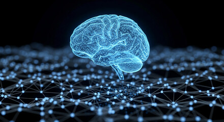 Blue glowing brain model over neural network, showcasing intelligence, connection, and technology concepts