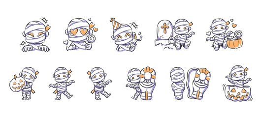 Set of halloween cute and spooky mummy character illustration . Hand drawn icon . Vector .