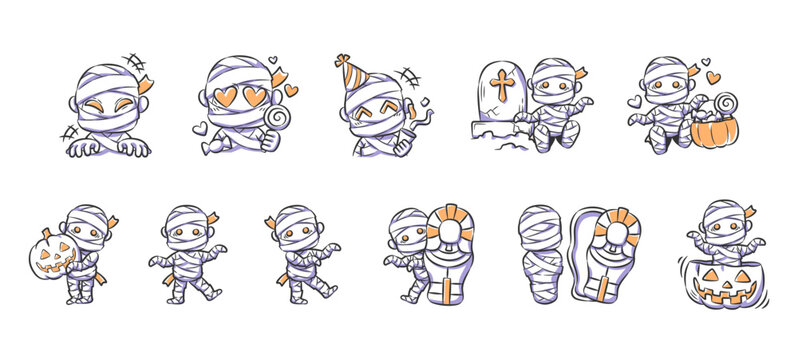 Set of halloween cute and spooky mummy character illustration . Hand drawn icon . Vector .