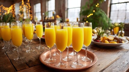 Cozy festive scene with sparkling fairy lights and a tray of chilled champagne glasses filled with orange juice on rustic wooden table, evoking warmth and celebration