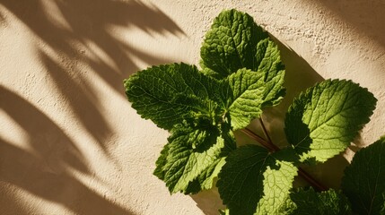 Fresh patchouli leaves carefully arranged to showcase natural texture and organic botanical elements in minimalist setting, perfect for slow living editorial and eco friendly product promotion concept