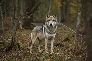 Obraz premium Springtime grey wolf roaming in woodland