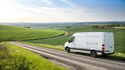 Obraz premium Delivery Van on Open Road Surrounded by Green Fields and Hills