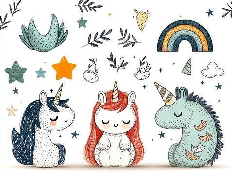 Cute magic collection with unicorn prinsess gragon ra. Charming mystical assemblage featuring equine sovereign reptile sun enchantment fantasy adorable mythical regal solar