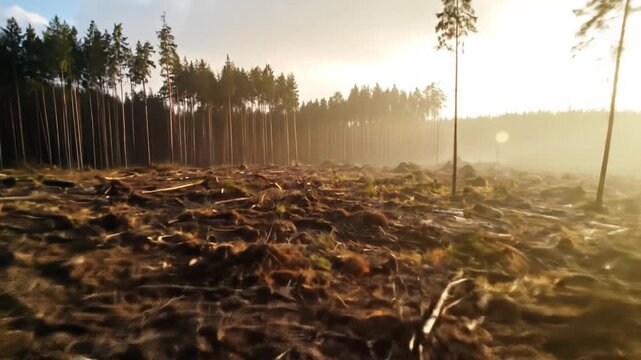 Deforestation Landscape with Rows of Pine Trees During Golden Sunset in Forest and Industrial Logging Area with a Distant Horizon
