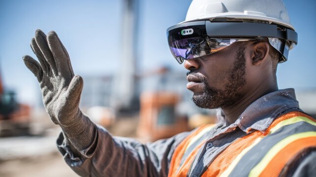 Construction worker wearing augmented reality headset gestures with hand on worksite, showcasing technology integration in construction industry