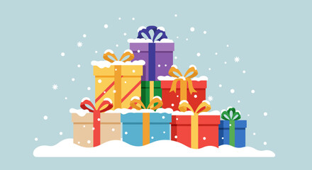 A pile of colorful gift boxes with bows are sitting in snow against a light blue backdrop speckled with snowflakes