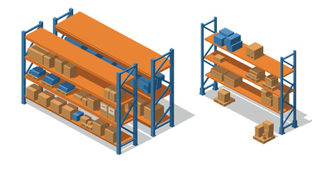Isometric warehouse shelving with cardboard boxes on metal racks