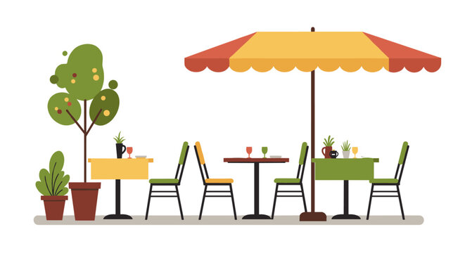 Cozy outdoor café scene with tables and chairs under umbrella