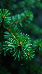 Dark green pine needles, heavy raindrops, moody rainy day scene , twig, conifer