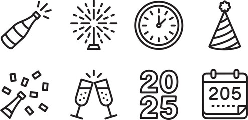 New Year's Eve 2025 Icons Set Outline Style Bottle Fireworks Clock Hat Confetti Toast Calendar