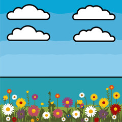 Obraz premium Cartoon Sky & Flower Field: Blue Horizon with Fluffy Clouds and Vibrant Wildflowers