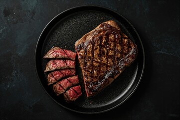 Sliced Medium-Rare Porterhouse and T-Bone Steaks on a Plate, Dark Backdrop, Overhead Shot