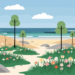Fototapeta premium Coastal beach landscape vector illustration with wildflowers, green trees, sand, and ocean waves under a blue sky. Flat design nature scene.