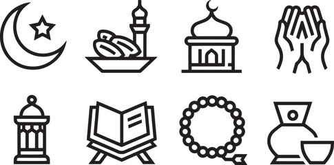 Ramadan Kareem Icons Set Line Art Style Featuring Crescent Moon, Dates, Mosque, Prayer, and Lantern
